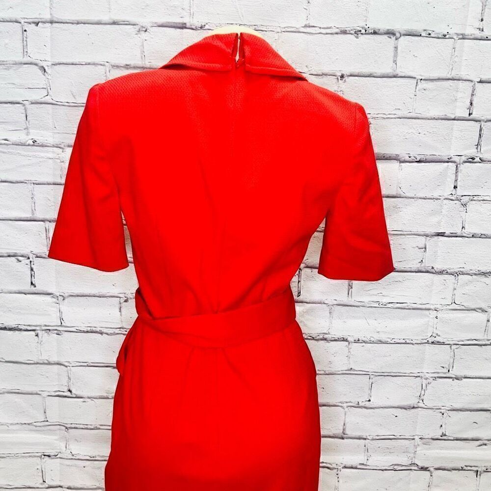 Badgley Mischka Red Short Sleeve Belted Loop Tie Waist Day Midi Dress Size 2 - Picture 4 of 10
